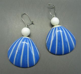 Adorable Vintage 80s Blue/white Sea Shell Dangle Earrings Nautical Beach Striped