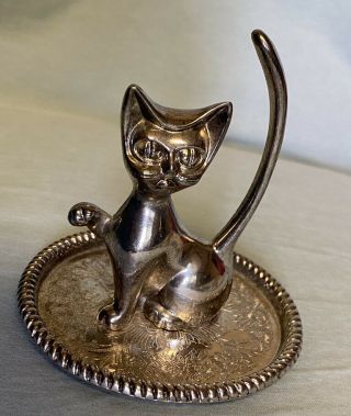 Vintage Silver Plated Engraved Floral Dish Tray& Cat Kitty Long Tail Ring Holder