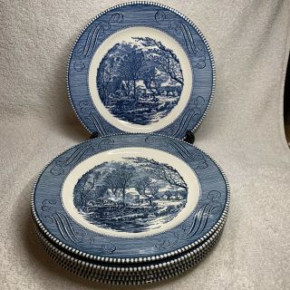 Set 6 Blue & White Currier & Ives Royal - Ironstone “the Old Grist Mill” 10”plates