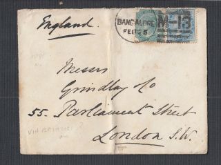 India 1881 1/2a & 4a Issues On Cover Bangalore To London Uk Via Bombay