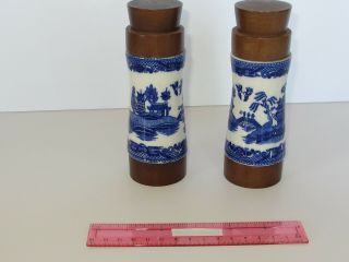 Vintage Set Ceramic Blue/white Salt Pepper Shakers W Wood Made In Japan