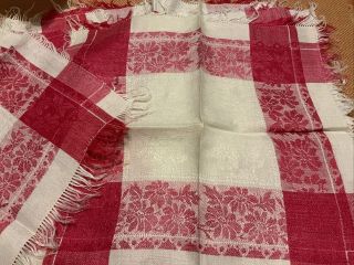 Six Vintage Damask Red And White Linen Napkins With Fringe 11” X 11”
