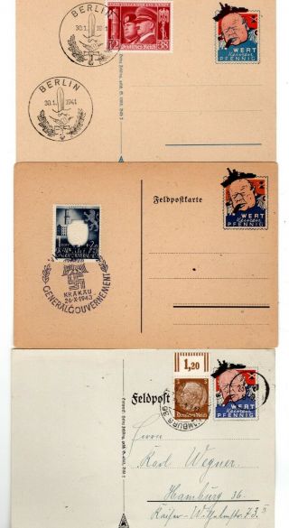 1940 - 43 Germany Churchill Propaganda Stationery Cards X 3.