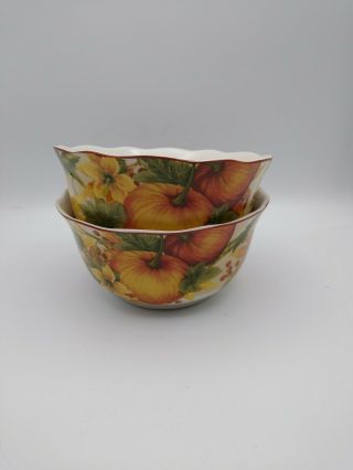 222 Fifth Pumpkin Vine 6 " X 3 " Scalloped Edge Soup Or Cereal Bowls - Set Of 2