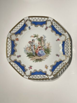 Schwarzenhammer Bavaria Pierced Porcelain Octagon Plate 8” Man Lady Instruments