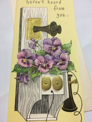 Old Telephone Antique Wall Phone Greeting Card And Envelope Violets Yellow