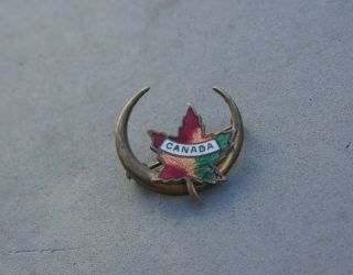 Canada Maple Leaf & Crescent Moon Pin Antique Enamel Gilt Brass Victorian 1 "