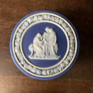 Wedgwood Dark Blue Jasperware Round Trinket Box - Marked Wedgwood & England