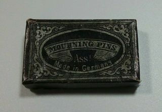 Antique Victorian Mourning Pin Paper Box Circa Late 1800s Germany With 3 Pins