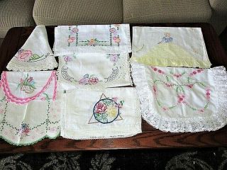 7 Vtg Embroidered Applique Crochet Cotton Table Runner Scarf Doily Cutter Or Use