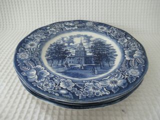 Vintage Staffordshire Liberty Blue England 3 Dinner Plates Independence Hall