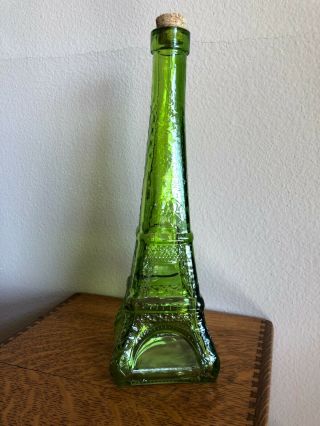 Vintage Olive Green Glass Eiffel Tower Bottle/decanter With Cork Stopper