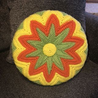 Vintage 60s Hand Crocheted Pillow 13 " Rd Sunflower 2 Sides Orange Yellow Green