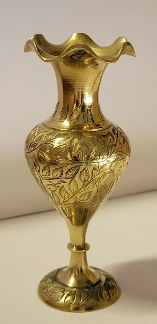 Vintage Fluted Brass Bud Vase With Etched Flowers & Leaves.  C.  I.  C.  Made In India