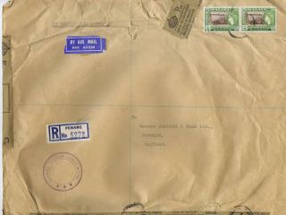 Malaya Penang Registered Cover Norwich Airmail Gb Reseal Labels 1958 $5 Stamps