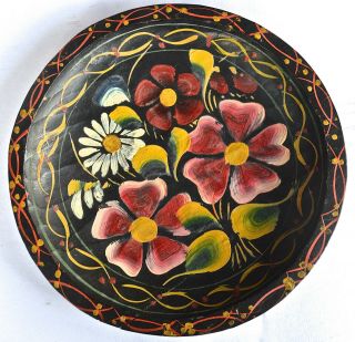 Vtg Mexican Batea Wood Plate Bowl Folk Art Flowers Toleware Hand Painted 7 1/2 "