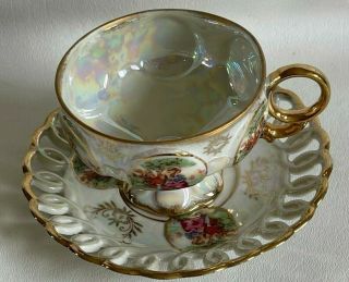 Royal Sealy Iridescent Tea Cup & Saucer Gold Pedestal Footed Reticulated Japan