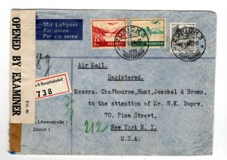 1943 Switzerland Via Bermuda (censor) To Usa Registered Airmail Cover.