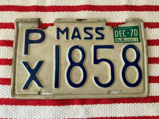 Vintage Massachusetts Motorcycle Plate " Px 1858 Mass " 1970 Blue On White Poor