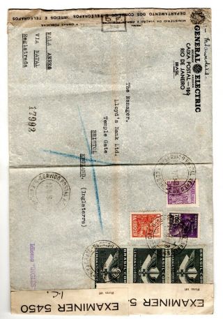 1943 (apr) Brazil Via Bermuda (censor) To Gb Registered Airmail Cover.