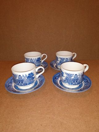 Set Of 4 Churchill Blue Willow Cups And Saucers Made In England