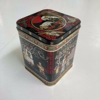 Vintage Asian Tin Container Tea Box Oriental Flowers Made In England 4.  5 " Tall