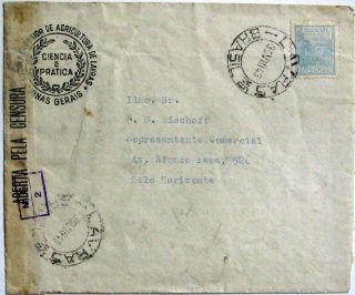 1942 Brazil: Censored Domestic Cover From Lavras To Belo Horizonte