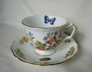 Aynsley Tea Cup And Saucer Butterfly Cottage Garden W/labels Fine Bone China