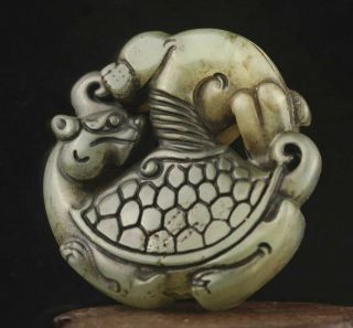 Chinese Old Natural Jade Hand - Carved Statue Dragon Tortoise Pendant 2.  1 Inch