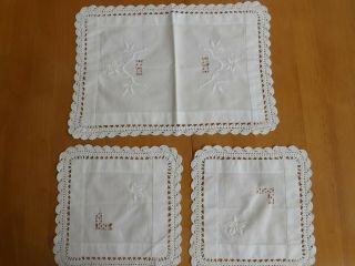 Charming Set Of 3 Vintage Doilies With Lace Inserts & Edge & Embroidery Detail