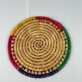 Vintage Round Wicker Woven Straw Multicolor Trivet Hot Pad Wall Decor Folk Art