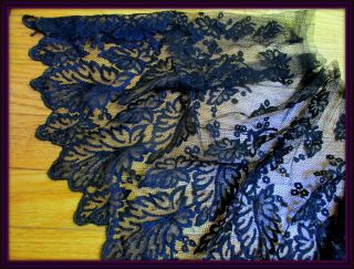 Antique Victorian Ink Black Slightly Dimensional Silk Lace Flounce Trim 1800s