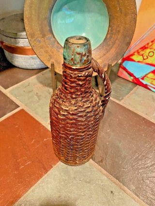 Antique Wicker Covered Rattan Handled Bottle Demijohn Whiskey/wine Bottle Wow