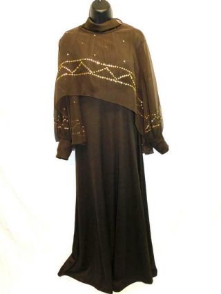 Vintage 70s S M Dark Brown Gold Maxi Dress Sheer Capelet 2 Piece Empire Formal