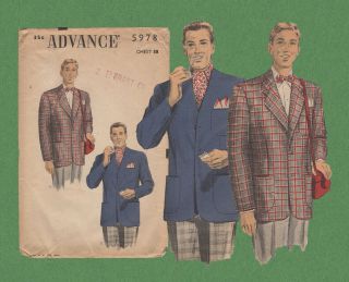 Vtg 40s 50s Sewing Pattern Advance 5978 Men Suit Sport Jacket Coat 38 Ff