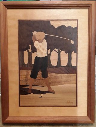 Hudson River Inlay Marquetry Wood Golfer Picture By Jeff Nelson Signed