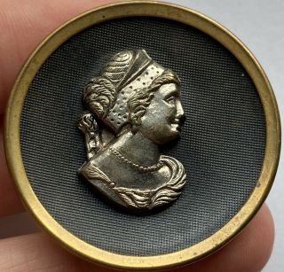 Antique Vintage Extra Large Metal Picture Button Ladies Head Cameo 1 - 1/2”