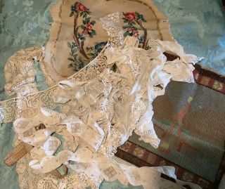 Selection Of Antique Vintage Lace Edging Trims And Needlepoint.