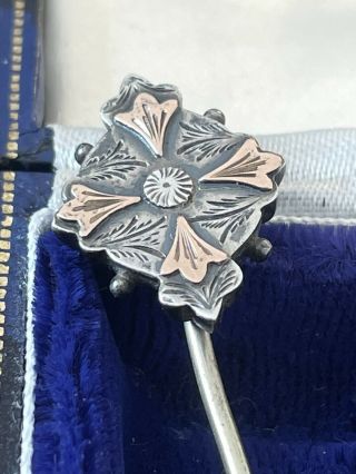 Antique Victorian Silver Stick Pin 7.  5 Cm Long Rose Gold Decoration Rare 1880s