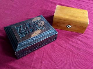 Pair Antique Vintage Wooden Trinket Box,  Old Jewellery Case,  Carved Wood,  Ornate