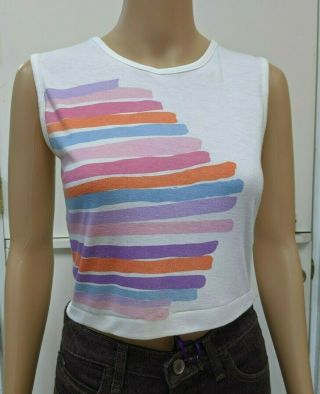 Vintage 80 ' s Crop top sleeveless T - shirt mod retro wave hipster size M 2
