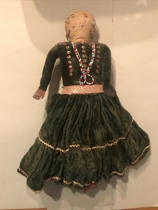 Antique 13” Cloth Doll W/beaded Jewelry