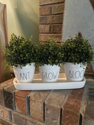 Rae Dunn " Plant,  Grow,  Bloom " Planters With Tray Set Of 3