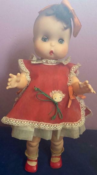 1960 Jolly Toys Doll Brunette 15 " In Terrific Dress Outfit Vintage Top Knot