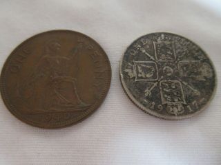 Rare Antique 1917 Silver Coin One Florin Great Britain George V,  Bonus 1940