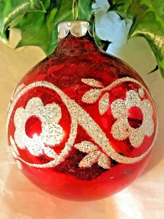 Cheerful Vintage Red Mercury Glass Floral Stenciled Christmas Ornament Glitter