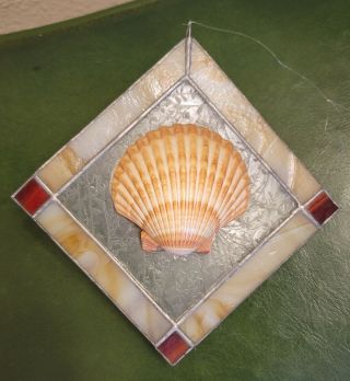 Retro Vintage Stained Glass Square Suncatcher With Seashell 5”x5”