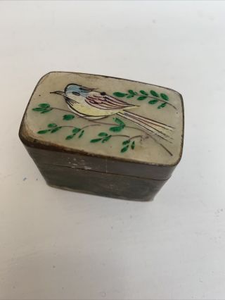 Antique Vintage Pill Box Enamel Top Handpainted Tin Trinket Match