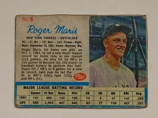 1962 Roger Maris Post Cereal Baseball Card 6 Mlb Hof Ny Yankees