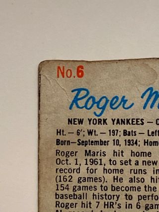 1962 ROGER MARIS Post Cereal Baseball Card 6 MLB HOF NY Yankees 3
